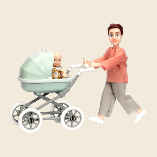 Speelfiguur man met kinderwagen en baby