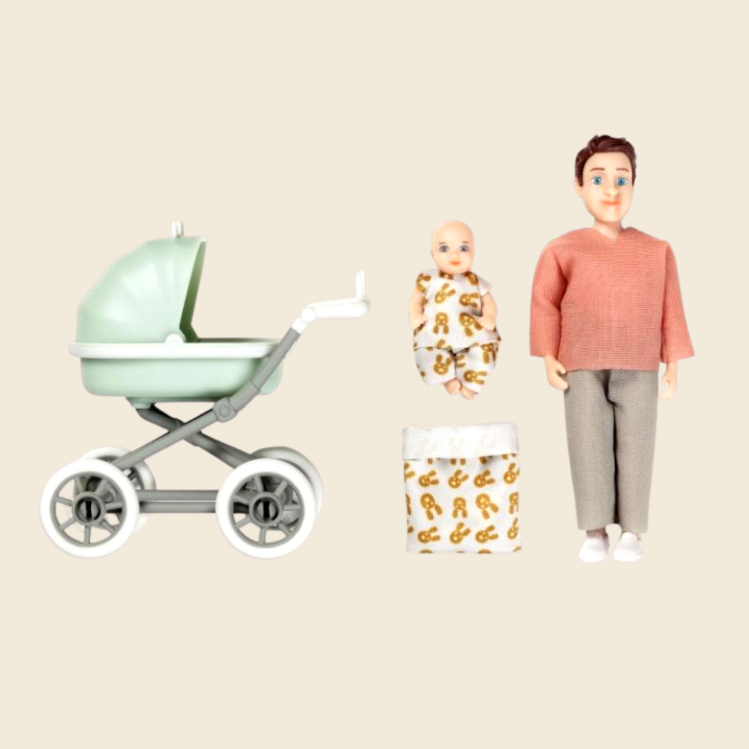 Speelfiguur man met kinderwagen en baby